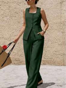 MICHELEE Women's Tailored Suit With Structured Vest And Straight-Cut Trousers - màu xanh lá - Xem 5