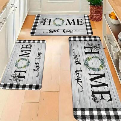 1/, Modern Kitchen Mats, Black And White Plaid Welcome "My Sweet Home" Pattern Mat, Kitchen Mat, Soft And Comfortable, Easy To Clean, Suitable For Bedroom, Living Room, Dining Room, Kitchen