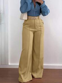 Solid Color Zipper Pocket Button Waistless Elegant Fashion Versatile Suit Pants For Commuting - 卡其色 - 查看 4
