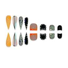 Orange French Tips Press On Toenails Orange Wave Press On Nails Long Stiletto False Nails With 3D Silver Swirl Design Rhinestone Fake Toenails Black Lines Fake Nails For Women Manicure 48Pcs - ColorJ - 查看 4