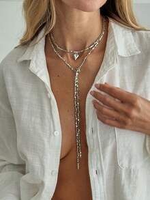 1 件几何串珠不对称圆形吊坠流苏饰物长项链，时尚别致，适合休闲、街头风格、旅行、婚礼、约会、女士生日、节日、多功能珠宝礼物