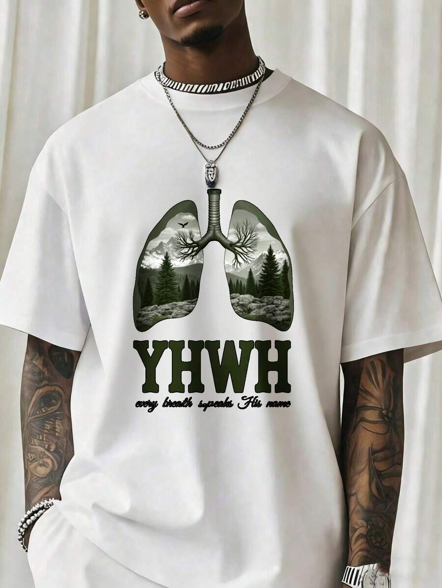 Men'S YHWH Religious T-Shirt - Stretch Breathable Fabric, Lightweight Summer Tee With YHWH Lettering & Breath Design, Green & Black Graphic Print, Regular Fit Crew Neck For Church, Casual Attire - Durable Polyester Shirt, Church Clothing - 白色 - 查看 1