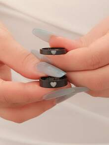 ATLVXJL 2pcs/Set Luminous Couple/Friendship/Family "I Love You" Heart & Letter Design Glow-In-The-Dark Couple Rings, Casual Jewelry Suitable For Daily Wear And Holiday Gift - Black - View 2