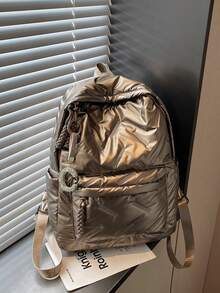 Sac à dos étudiant couleur or, nouveau style classique mode collège, design à motif losange couleur unie, extérieur décoré avec pendentif en forme de C en cristal, grande capacité multi-poches. Convient pour les voyages et les vacances, idéal pour une utilisation sur le campus pendant les périodes scolaires, également adapté pour les courts trajets. - Doré - Voir 5