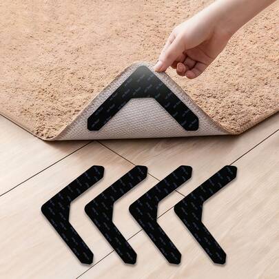 4/8/12pcs Carpet Rug Anti-Slip Fixation Tape, Non-Slip Carpet Stickers, Non Slip Rug Pads, Washable Fixation Sticker, Carpet Tape, Rug Grippers, PU Washable Residue-Free Reusable Carpet Tape, Double Sided Adhesive Carpet Grippers Keep Corners Flat
