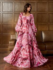 Faeriesty 优雅方领浪漫印花长裙，长袖设计，A字收腰廓形，飘逸灵动，饰以精致花卉和佩斯利花纹，适合婚礼宾客、新娘写真、浪漫约会、花园派对庆典和正式肖像摄影，粉色系春季度假必备 - 粉色 - 查看 3