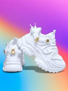 女士7厘米增高户外休闲运动鞋，时尚3D可拆卸装饰，包括金色星星和小熊，四季皆宜，EVA厚底，系带，白色高跟，轻便柔软减震防滑透气网布凉鞋，适合大学生、青少年、日常穿着、约会、健身、办公等场合，厚底运动鞋 - 白色 - 查看 3