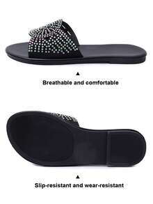 女士圆头平底软皮凉鞋，饰有水钻，波西米亚风露趾拖鞋，夏季度假风，适合户外穿着，性感时尚的派对鞋，纯色，舒适轻便。 - 黑色 - 查看 4