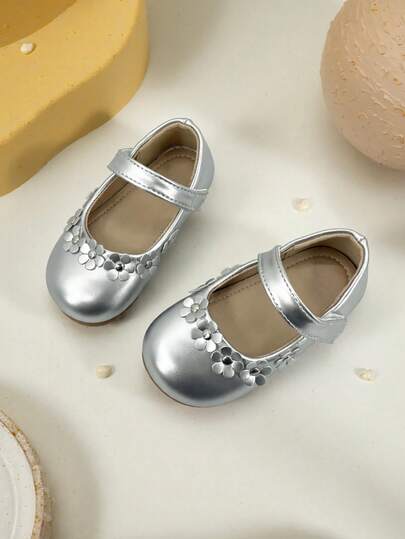 1 Pair Girls' Mary Jane Dress Shoes With Flower Decor, Hook And Loop Closure, Soft Sole Flat Shoes For Children, Suitable For Party, Wedding, Daily Wear