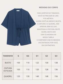 Plus Kimono And Printed Crepe Shorts Set - Màu xanh lam - Xem 6