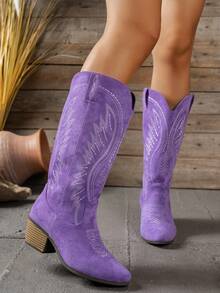 Women's Fashion Embroidered Solid Color Versatile Wedge Heel Side Zipper Wing Tall Boots, - Purple - View 2