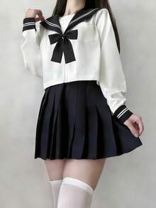 Kawaii Academy 風水手服領 Cosplay 制服，附領結與百褶裙，日系女學生風長袖套裝，2 件式 JK 水手服 - 彩色 - 查看 2