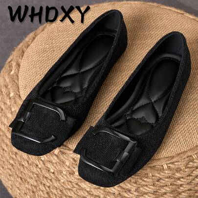 WHDXY 女士方头法式平底蝴蝶结软底休闲乐福鞋，时尚女士平底鞋，春季新款百搭套脚芭蕾平底鞋，软底莫卡辛鞋