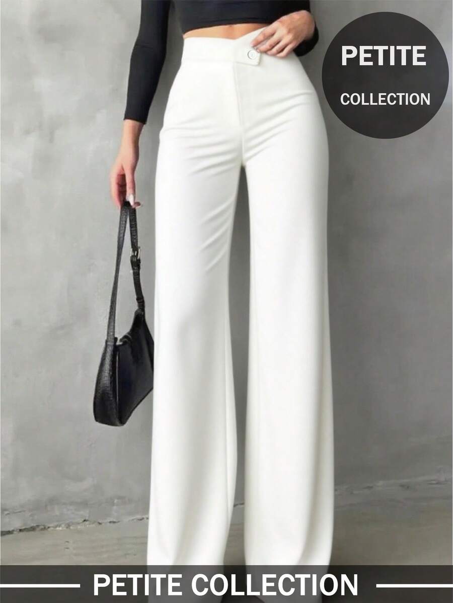 Pantalones rectos de unicolor, elegantes y casuales para mujeres de talla pequeña, adecuados para uso diario, oficina, citas, vacaciones y fiestas