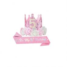 一套婴儿生日派对用品，闪光面料和缎面材质，适合2/3/4/5岁宝宝生日，包括皇冠头饰、花冠头饰、印有“It's My Birthday”字样的缎带腰带、5英寸发箍，公主风派对用品，庆典服装配饰 - 彩色 - 查看 14