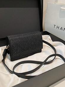 Fashionable Shiny Small Crossbody Bag For Women, Minimalist Sequin Square Shoulder Bag - Black - View 4