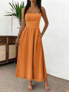 Women's Spring/Summer Sleeveless Zipper Pleated Dress, Casual Elegant Style, Suitable For Beach, Vacation, Date, Music Festival, Valentine's Day, Birthday Party And Other Occasions - Orange - View 5