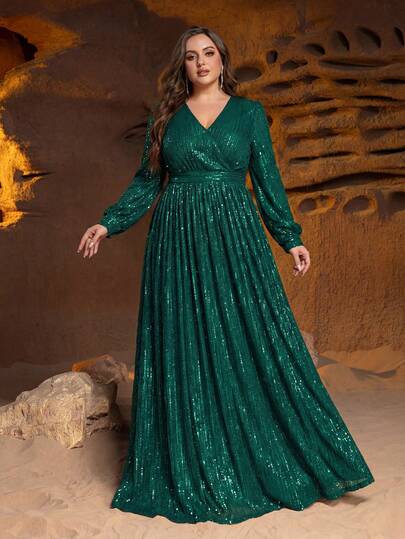 Faeriesty Plus Size Women Elegant Formal Evening Gown, With V-Neck And Criss-Cross Front Design - Exquisite Floor-Length Dress With Long Bell Sleeves, Perfect For Grand Festivals, New Year Celebrations, Formal Awards Ceremonies, Gala Dinners, And Glamorous Evening Galas.
