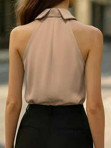 Women's Sleeveless Woven Fabric Blouse With Shirt Collar Twist Knot Detail Regular Length - Apricot - View 4