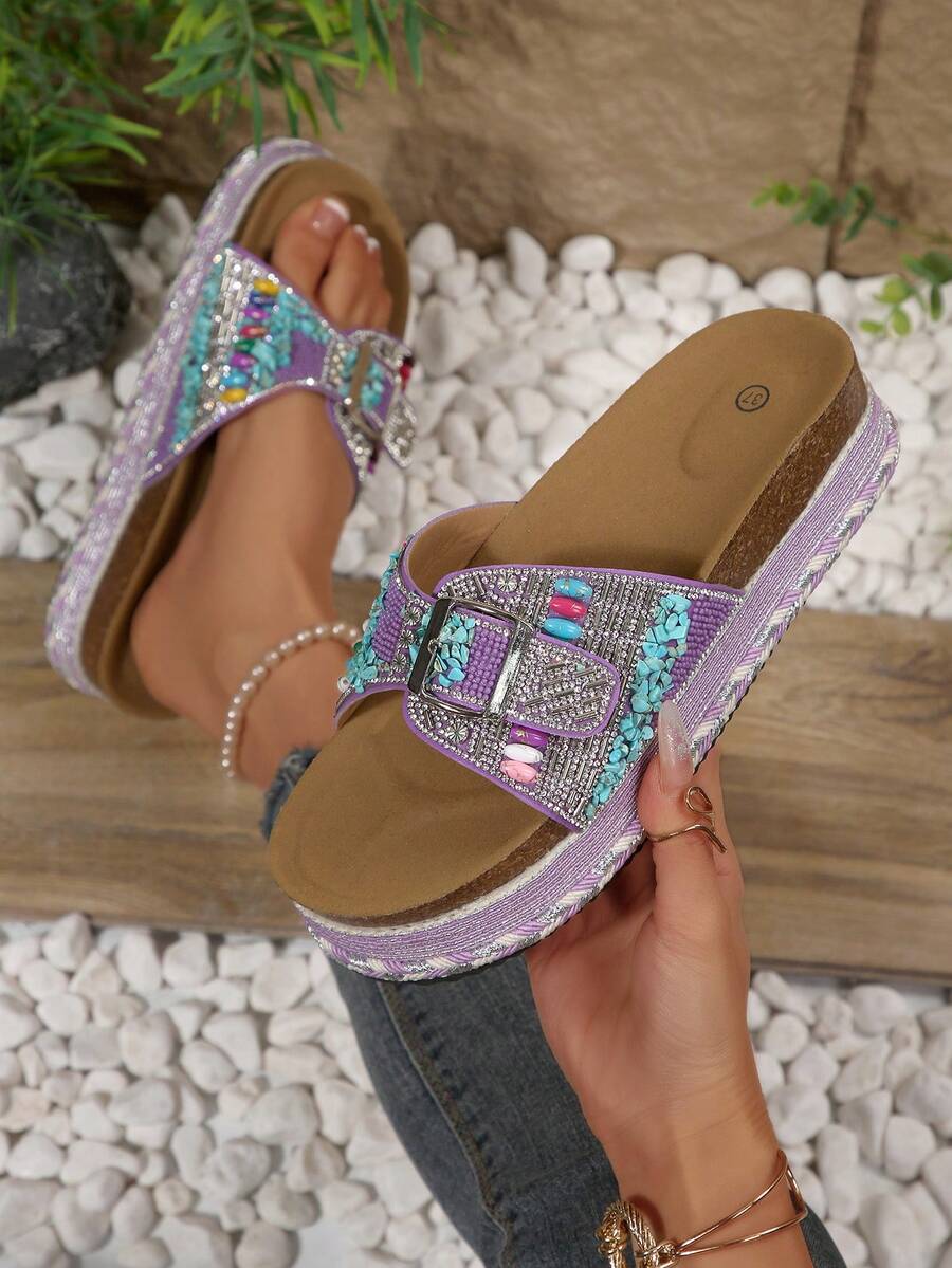 2026 Spring/Summer New Women's Sandals, Double Strap, Rhinestone Fashionable Thick-Soled Slippers, Random Floral Patterns, Essential For Vacation & Beach, Suitable For All-Day Wear