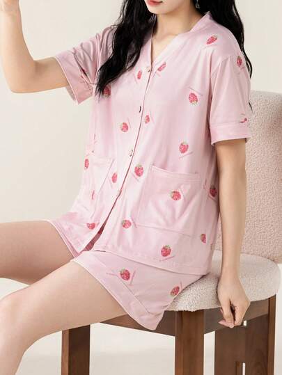 AICJ 2pcs/Set Women's Casual Solid Color Sleepwear, V-Neck Cardigan & Shorts, Cute Strawberry Print, Suitable For Spring, Summer, Autumn