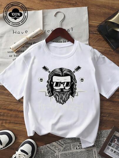 Men's Summer Short Sleeve Crew Neck Graphic T - Shirt, Rock Fest Heavy Metal Music Print, Punk Streetwear Style, Loose Fit Cotton Blend Casual Top With Guitar & Bearded Man Design, Vintage Retro For Daily Wear, Festival Outfit  Menswear