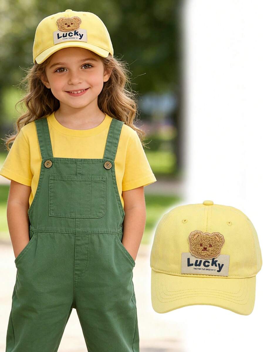 1 chiếc mũ chống nắng nhẹ cho trẻ em trai và gái, chống tia UV, có thể điều chỉnh, giặt được, kiểu mũ chơi golf, mũ che nắng hình gấu. - Màu vàng - Xem 1