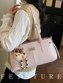 1pc Solid Color PU Fabric Pink Underarm Bag, Large Capacity Women's Commuter Bag, With Pendant, Suitable For Girls, Ladies, College Students, Career Starters, And Office Workers, Great For Work, Business, Commuting, And School - Pink - View 6