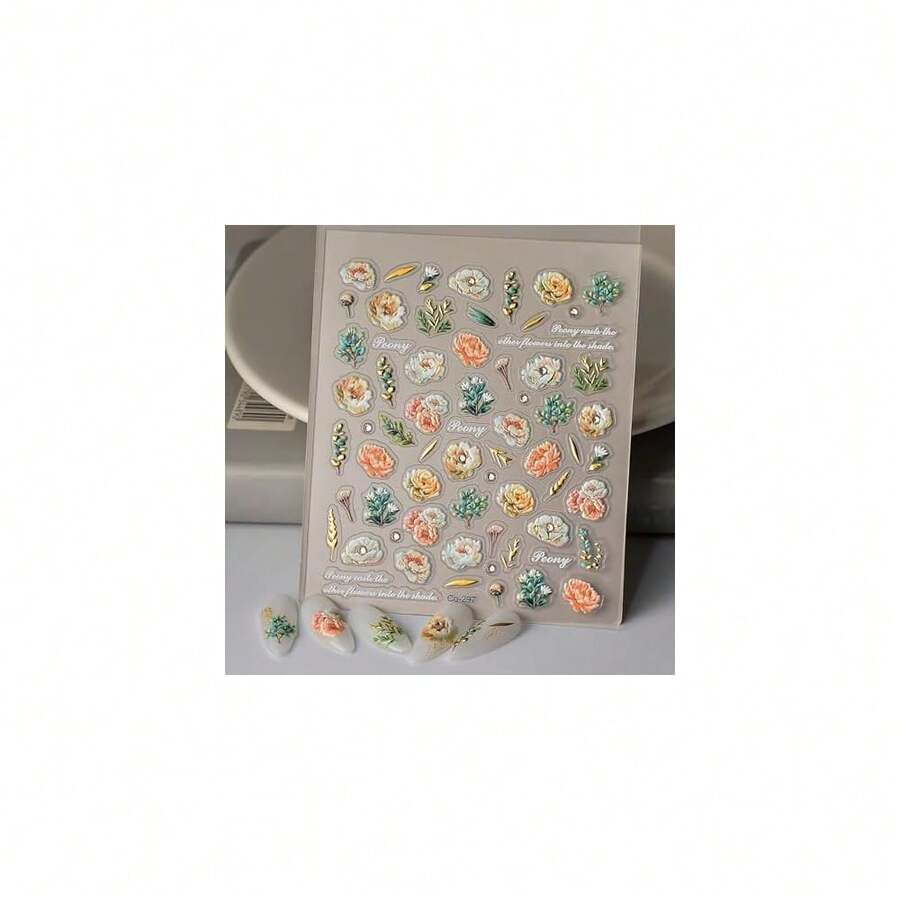 Peony Flower 5D Embossed Nail Stickers For Spring Nail Art Peony Nail Decals Rhinestones Nail Art Stickers With Gold Leaf Artificial Nails Supplies For Women Manicure Decorations - 風格10 - 查看 1