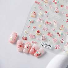 5D Embossed Nail Art Stickers Se--Adhesive Nail Decals Pink Strawberry Cake Nail Stickers For Nail Art With Cute Bow Heart Design Acrylic Nails Supplies For Women Manicure Decorations - style13 - 查看 5