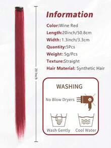 5 PCS Red Colored Clip In Hair Extensions 20 Inch Long Straight Hairpieces Clip In Synthetic, Halloween Cosplay Dress Up Fashion Party Christmas New Year Gift For Women Christmas New Year Carnival Music Festival Use(RED) - 酒紅色 - 查看 3