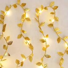 1 Set 3.2/6.5/9.6/16.4 Ft Artificial Gold Leaf Fairy String Lights, Battery Powered Copper Wire Decorative Lights, Suitable For Home Decor, Living Room Wall Decor, Birthday, Party, Wedding, Outdoor Yard Garden Fence Decoration - 金色 - 查看 6