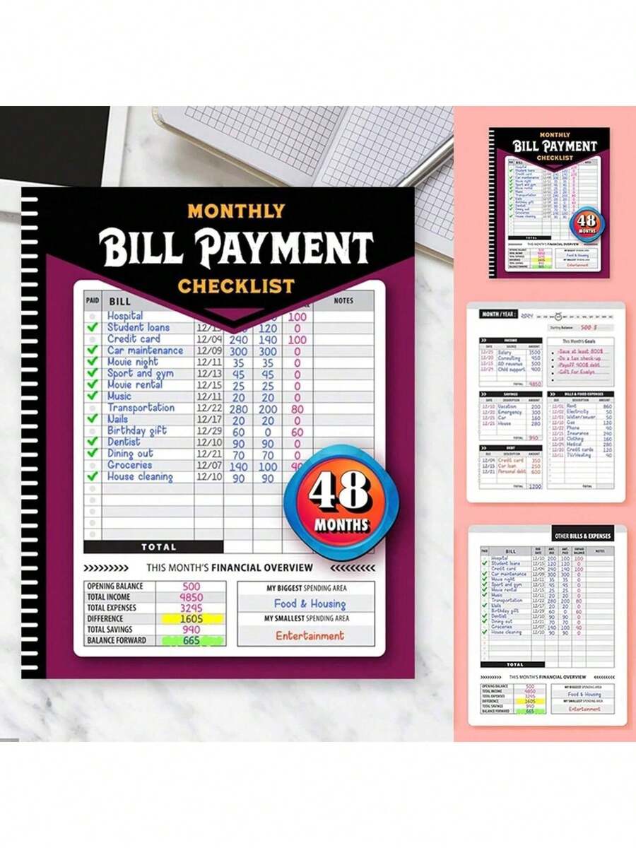 Monthly Bill Payment Checklist: Hard Cover Bill Tracker Notebook (8"X10"), 4-Year Planner With 960 Records - Plum - View 1