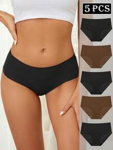 5pcs/Pack Women's Seamless Silky Soft Briefs, Solid Color Comfortable Stretchy Briefs, Suitable For Intimate Wear And Daily Use - Multicolor - View 3