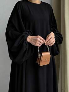 Woven Fabric Modest Long Sleeve Kaftan And Jalabiya With Round Neckline - Black - View 4