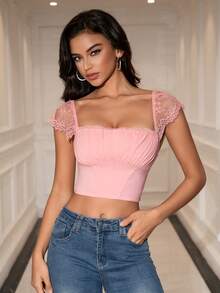 PARTHEA Elegant Women's Pink Square Neck Knitted Top With Cap Sleeves Featuring Delicate Contrast Lace And A Flattering Ruched Bust Design - Baby Pink - View 5