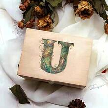 Caja de almacenamiento de madera para escritorio, embalaje de regalos de mayor calidad, estuche de joyería, organizador de almacenamiento de madera Retro, patrón de letras gráficas - J - Ver 27