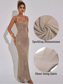 优雅性感吊带亮片网纱水钻露背连衣裙，展现女性魅力，适合派对、生日、毕业典礼等场合。