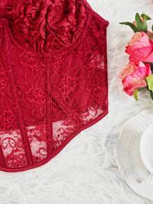 1pc Fashionable Y2K Lace Mesh Fishbone Bustier Crop Top, Sexy Fitted Corset Top For Party, Holiday Gift, Christmas, Valentine's Day, Halloween - Burgundy - View 11