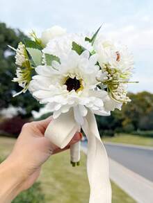 1件伴娘花束象牙色人造雛菊花束，適合伴娘婚禮小型花卉中心裝飾，適用情人節派對與週年紀念 - 彩色 - 查看 3