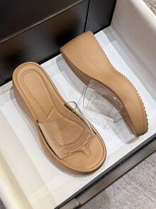 Women's Platform Wedge Sandals, High Heel Slip-On Slippers, Non-Tiring, Fashion Versatile Soft Bottom Fairy Style Transparent Open Toe Slides - Brown - View 5