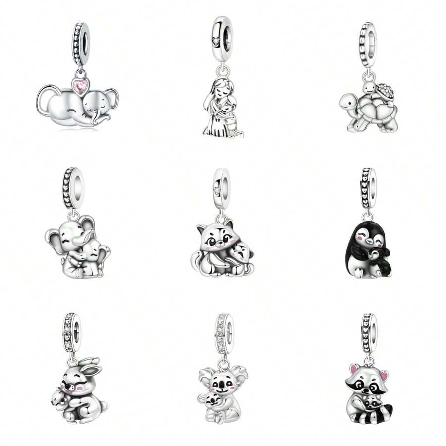 CYMYSS 1pc Adorable Animal Mother & Child Theme Copper Plated Silver Beaded Pendant, Inlaid With Artificial Zirconia, Delicate Details Decor, Parent-Child Style Bracelet Accessory, Suitable For Women, Mother's Day/Birthday/Anniversary Gift - Multicolor - View 1