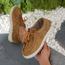 Women's New Casual Shoes, Suede Bohemian Style Loafers, Fringe Decor Lace-Up Thick Sole Sneakers - Ginger - View 6