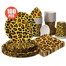25件套豹纹一次性餐具套装，包括盘子、餐巾纸、杯子，适合生日、婚礼、派对、家庭野餐等场合。 - 彩色 - 查看 1