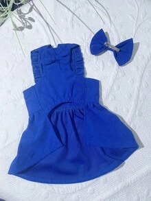 1pc Pet Dress With Hair Clip & Leash Ring, Lightweight Corduroy Ruffle Sleeve Bow Strap Dress, Suitable For Small Dogs, Suggest Ordering One Size Up - Multicolor - View 6