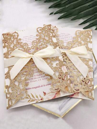4pcs/Set Gold Foil Bow Wedding Invitation, Elegant Laser Cut DIY Envelope & Card, Hollow Rose Design Wedding Invitation Suitable For Wedding, Anniversary, Bridal Shower, Engagement Party, Banquet And Other Occasions