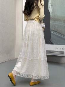 重工刺绣蕾丝镂空网纱A字裙，高腰花卉钩编网纱喇叭裙，2026春季女装 - 杏色 - 查看 4