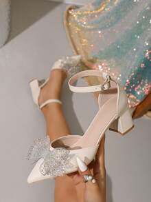 Spring New Fashion Women's Pointed Toe Wedding High Heels, Hollow Out Thick Heel Rhinestone Bow Casual Comfortable Shoes - Apricot - View 1