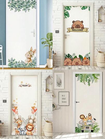Cute Animal Rabbit, Lion, Elephant Cartoon Self-Adhesive Door Sticker, PVC Material Removable Bedroom Bathroom Door Wall Home Decor Sticker, Gift For Birthday, Graduation - Easy To Paste, Removable And Easy To Install Door Decor, Home And Holiday Gift