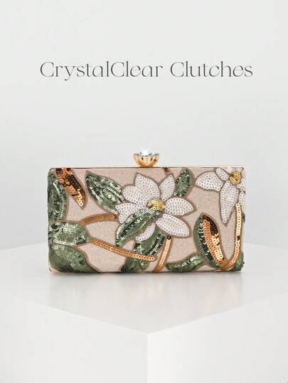 Elegant Sparkling Multi-Color Leaf & Floral Patchwork Crossbody Clutch Bag, Vintage Chain Strap Mini Square Box Bag Suitable For Party, College Students, Career Women, Perfect For Party, Wedding, Randomly Patterned